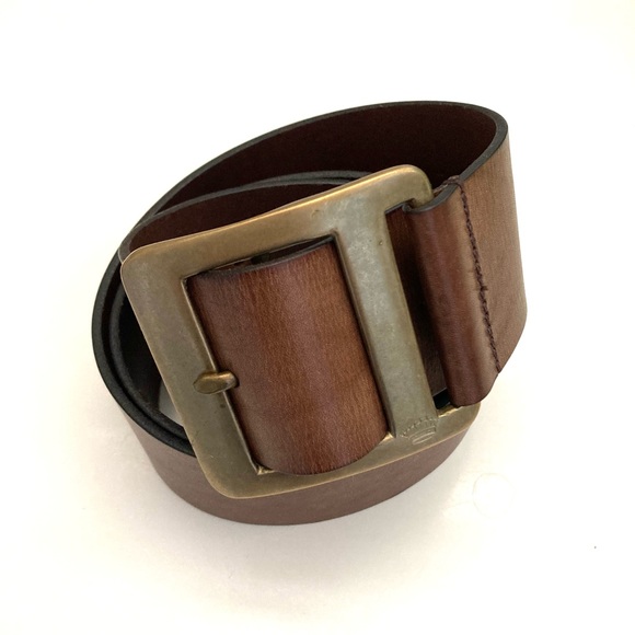 J Crew Vintage Slouchy 70’s Style Wide Brass Buckle Leather Belt Large